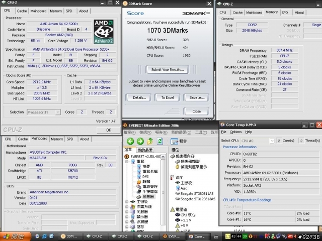 真是好人利器 !3DMARK也會有1000分滴 ASUS M3A78-EM預設值