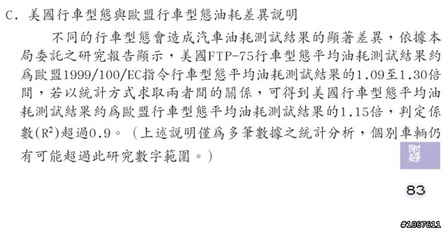 使用美規FTP-75測試油耗與歐盟1999/100/EC所測試之結果(官方數據)