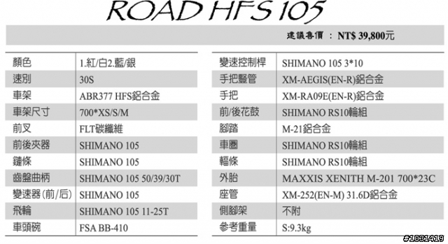 ROUBAIX 1.0 與HFS-105車重