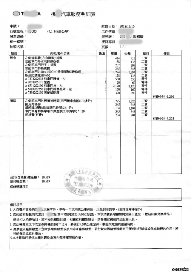 親一下一萬塊的代價A到altis駕駛座門板