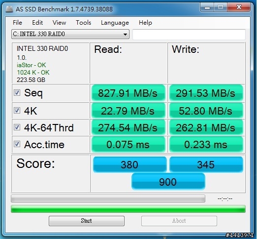 使用兩顆相同的 SSD 組 RAID 0, 設定不同的 Strip Size 對 AS SSD Benchmark 6 個速度的影響