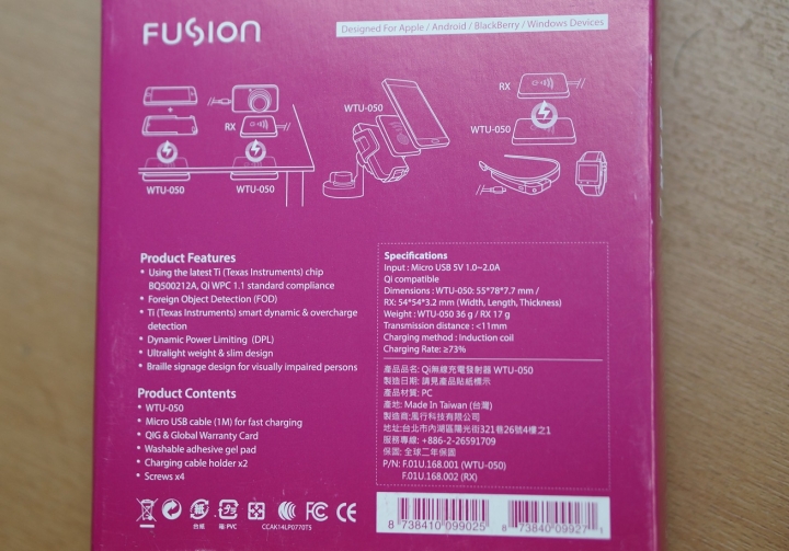 FUSION WTU-050,Qi無線充電器與接收器套件開箱 圖多