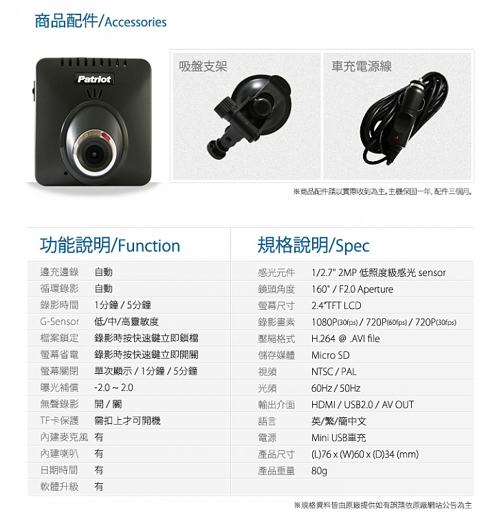 (簡單文) Patriot 愛國者F3w 160度 SHDR 1080 行車記錄器