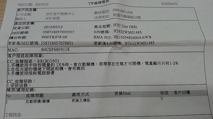 HTC M8之維修6次的經驗,倒數第二次是USB孔燒毀
