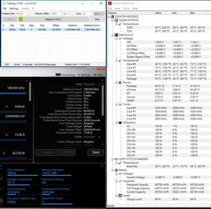 GIGABYTE P55W V5燒機(使用XTU調整mV降壓降溫)與遊戲溫度表現