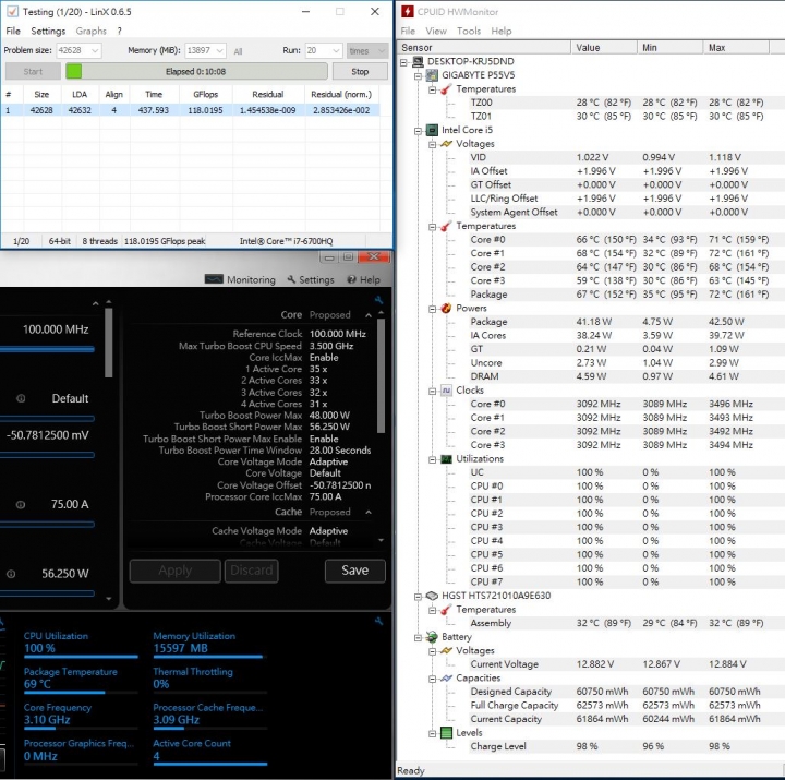 GIGABYTE P55W V5燒機(使用XTU調整mV降壓降溫)與遊戲溫度表現