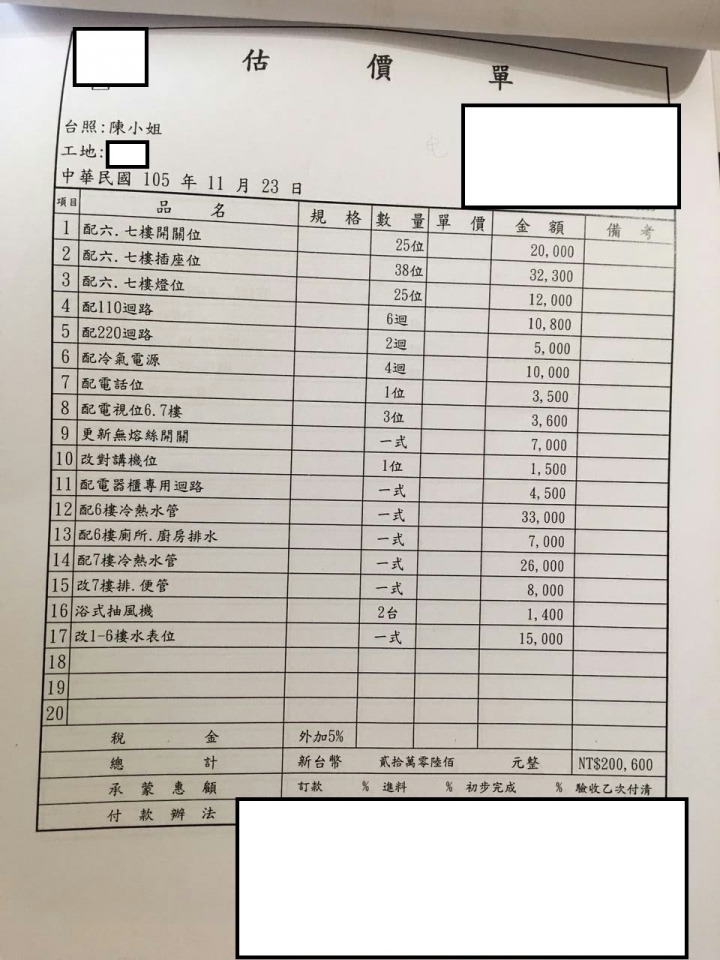 請各位鄉親幫看一下估價單是否合理
