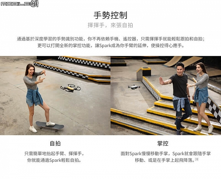DJI SPARK 空拍機掌控是新增的功能之一,讓Spark可以自動跟隨手掌的移動方向。 DJI SPARK 空拍機掌控是新增的功能之一,讓Spark可以自動跟隨手掌的移動方向。