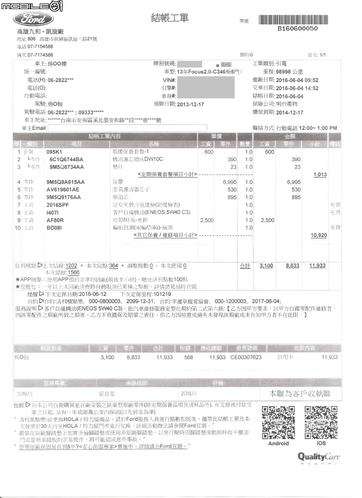 2013 FORD Focus TDCI 163P 保養紀錄分享