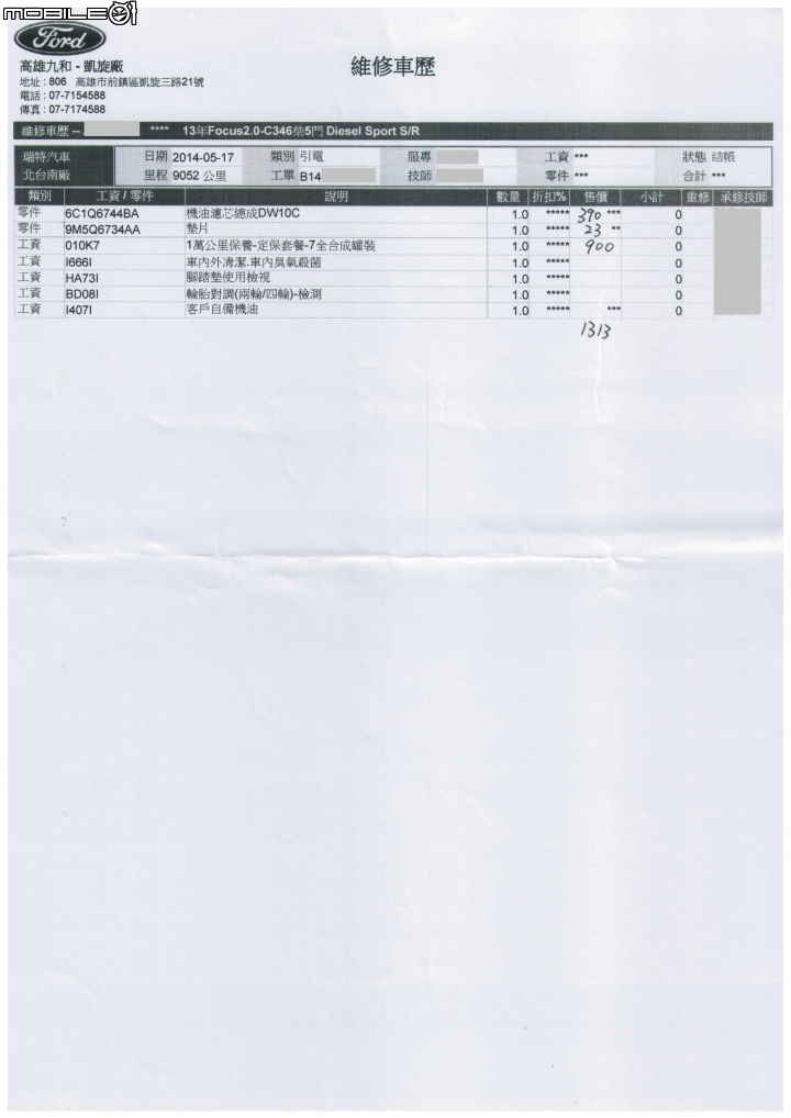 2013 FORD Focus TDCI 163P 保養紀錄分享