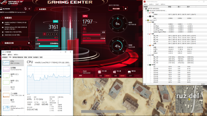 ASUS-GL703VM溫度測試,這樣問度正常嗎?PUBG效能開最低95度,i7-7700HQ、GTX1060