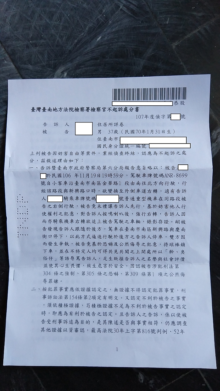行車糾紛,最後不起訴,這樣合理嗎?