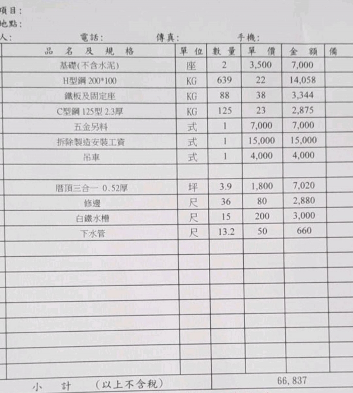 搭鐵皮這樣的報價合理嗎?
