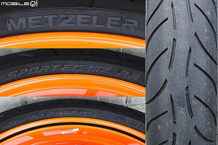 2018 KTM 1290 Super Duke R -前輪配胎為 METZELER 象牌輪胎的 SPORTEC M7 RR,規格為 120/70 ZR17及胎紋 2018 KTM 1290 Super Duke R -前輪配胎為 METZELER 象牌輪胎的 SPORTEC M7 RR,規格為 120/70 ZR17及胎紋