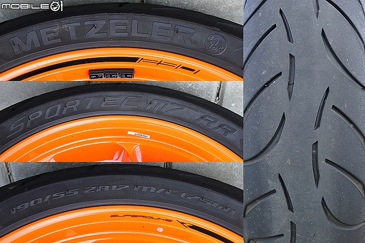 後輪配胎也是 METZELER 的 SPORTEC M7 RR 系列輪胎,規格為 190/55ZR17 M/C 75W及胎紋 後輪配胎也是 METZELER 的 SPORTEC M7 RR 系列輪胎,規格為 190/55ZR17 M/C 75W及胎紋