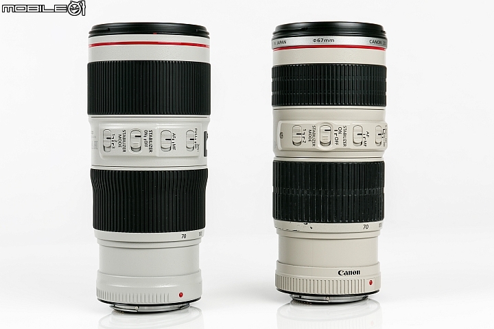 圖左是 EF 70-200mm f/4L IS II USM(小小白 IS 二代),圖右是 EF 70-200mm f/4L IS USM(小小白 IS),變焦環及對焦環。 圖左是 EF 70-200mm f/4L IS II USM(小小白 IS 二代),圖右是 EF 70-200mm f/4L IS USM(小小白 IS),變焦環及對焦環。