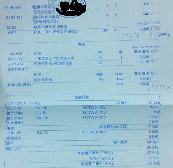 擦撞到X4 保桿, 價格會是多少? (更新車損照片與維修明細)