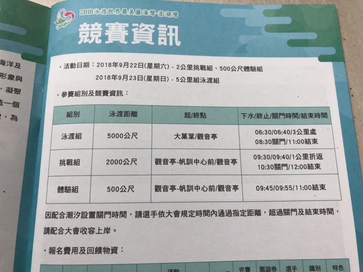 泳渡澎湖灣之報名簡章跟活動手冊差很大～～～抱怨文