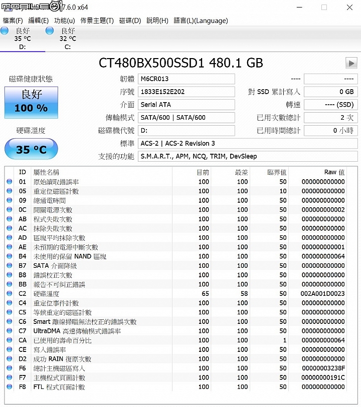 Crucial BX500 SATA SSD固態硬碟的CrystalDiskInfo軟體資訊頁面 Crucial BX500 SATA SSD固態硬碟的CrystalDiskInfo軟體資訊頁面