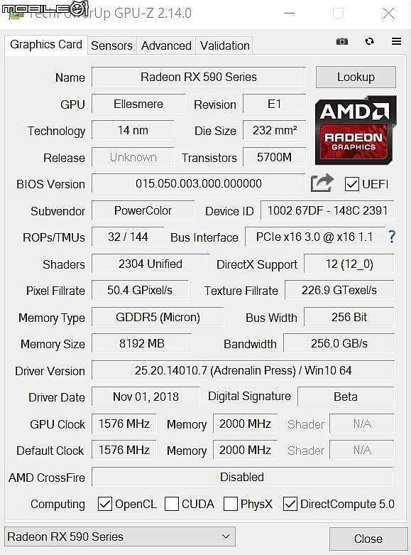 撼訊PowerColor Red Devil RX590顯示卡實測 12nm製程時脈再昇