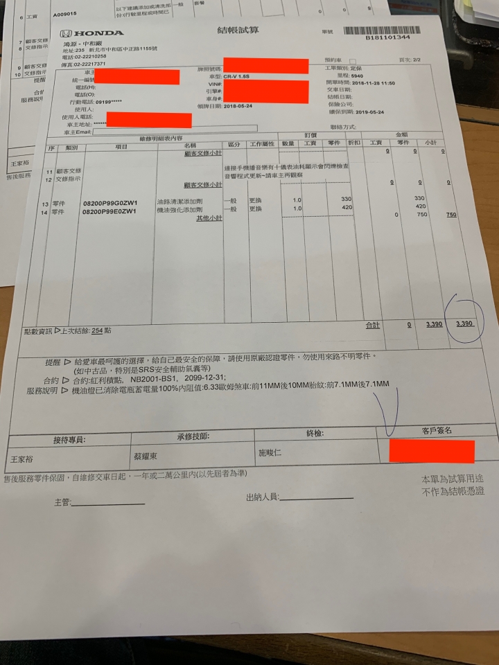 CRV購車到現在第二次保養生活紀錄