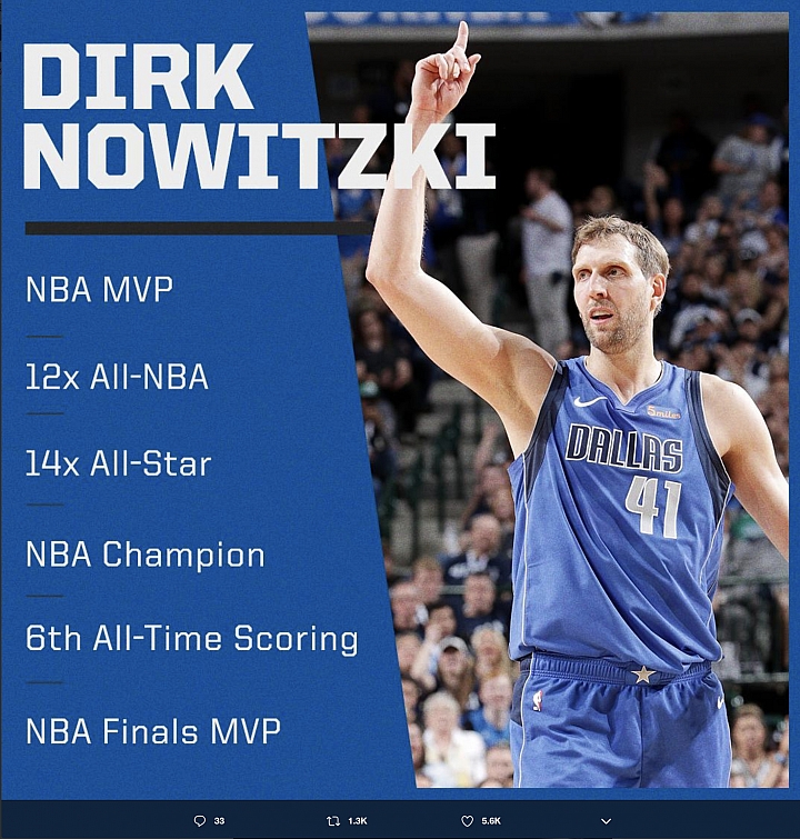 主場今日最終戰  諾威斯基（Dirk Nowitzki）主場宣布本季結束正式退休