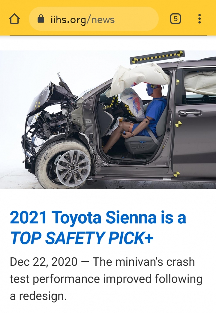 全新Sienna獲得IIHS Top Safety Pick+