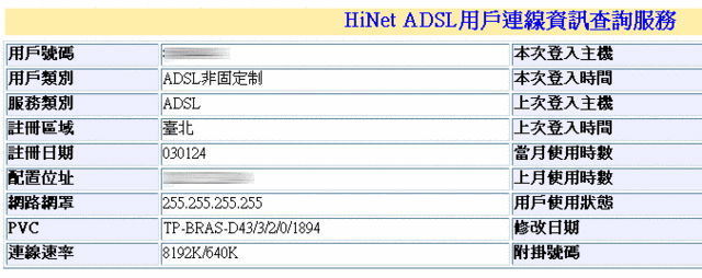 爽度up, Hinet 8M/640K ADSL