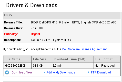 DELL XPS M1210 BIOS 更新 A01 ---> A02