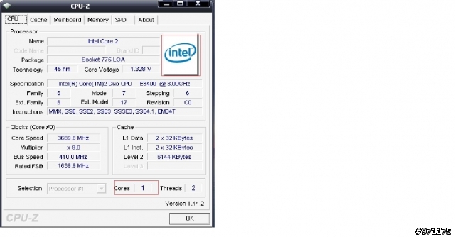 E8400 用CPUZ診測 核心只有1個
