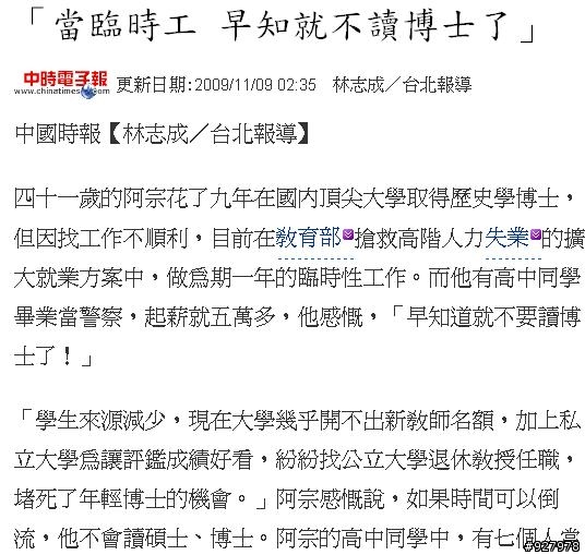 又一個高學歷在＂萬嘆＂的新聞-當臨時工 早知就不讀博士了.