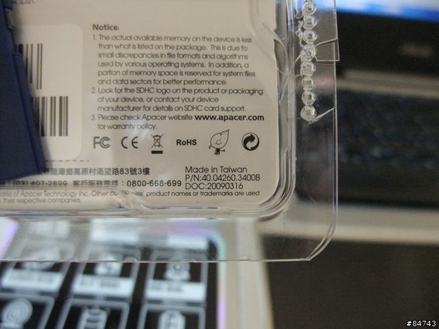 Apacer 宇瞻 SDHC 8G Class4 記憶卡的產地(外包裝)印taiwan??(記憶卡)印china??