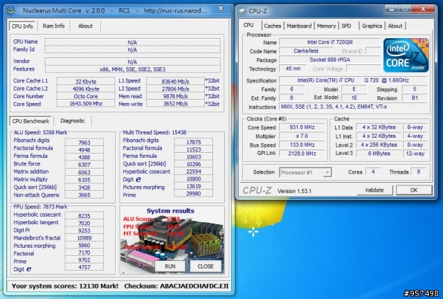 同機Intel i7 4核心筆電CPU 720QM/820QM/920XM效能測試