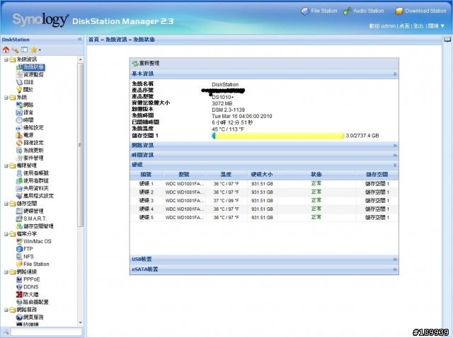 Synology DS1010+  DSM 2.3  使用情況報告