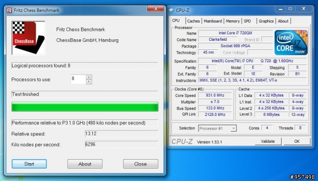 同機Intel i7 4核心筆電CPU 720QM/820QM/920XM效能測試