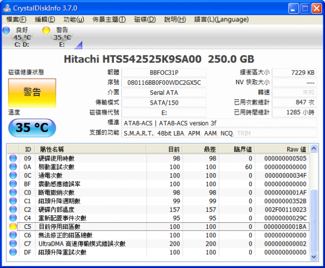 建達 XNOTE 250G(日立) 2.5吋 壞啦！但S.M.A.R.T竟然正常...