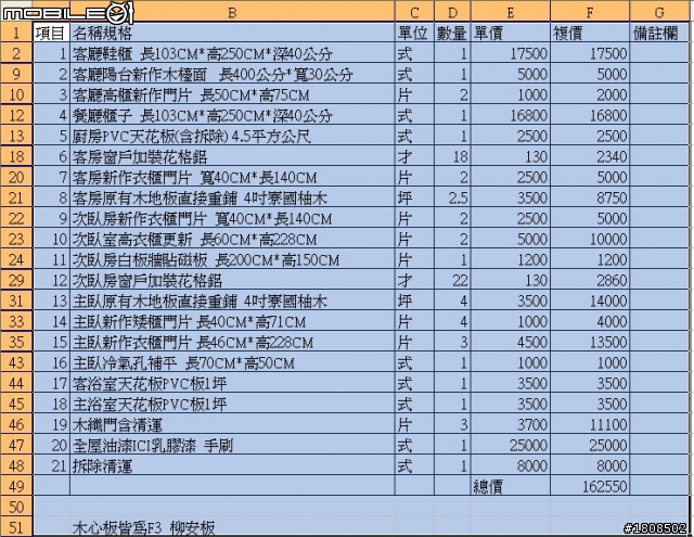 請幫我看看木作價錢   3Q