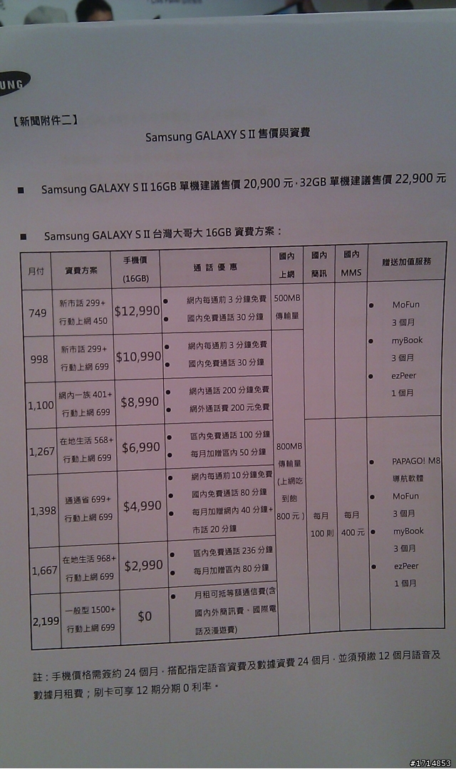 三星臉書發表資費  台哥大&中華