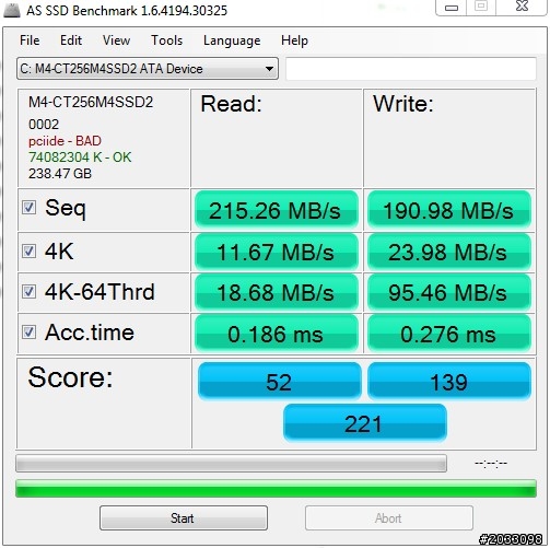 2011 MBP 15寸 鎂光256GB AS SSD Benchmark測試結果