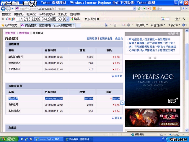 YAHOO的黃金報價