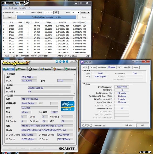 更新：分享DDR3-2133快感：Kingston HyperX H2O水冷式記憶體配Z68MA-D2H-B3小板