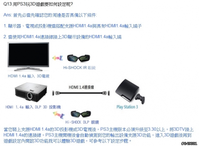 3D READY投影機接PS3，3D遊戲OK~3D電影不OK，why?