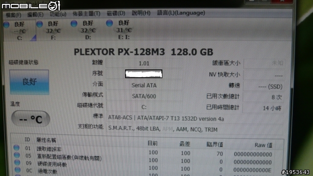 Plextor M3S 128g smart 數值 使用時數有bug....