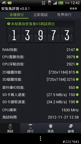 HTC ONE X安兔兔第三版的跑分