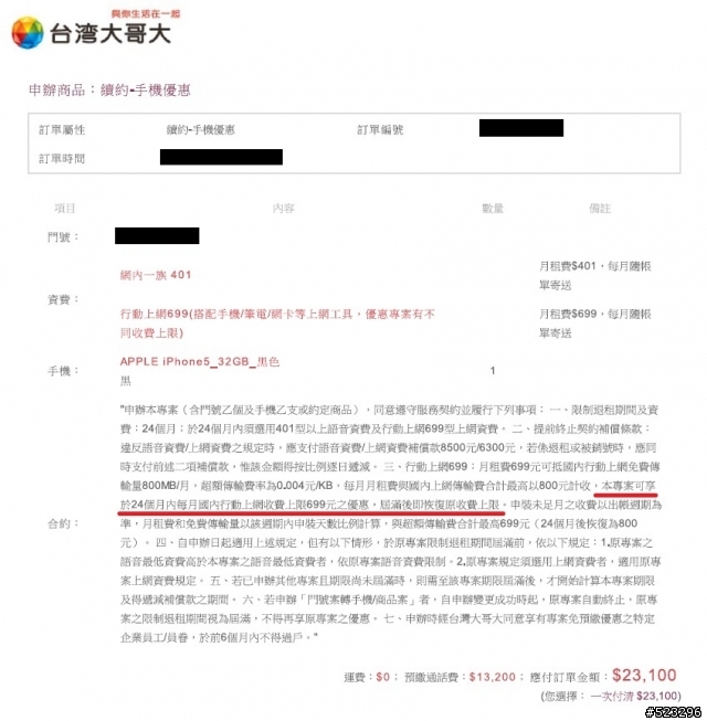 台哥大 續約二年401+699 合約前後不一