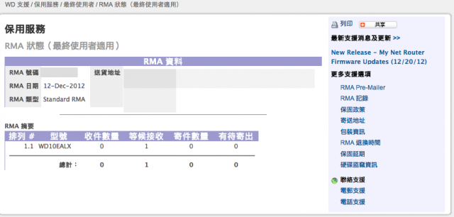 WD RMA 郵局投遞成功，可是官網等待接收還是1..