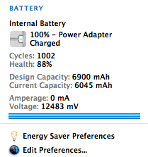 MACBOOK電池使用1002次，健康程度88%