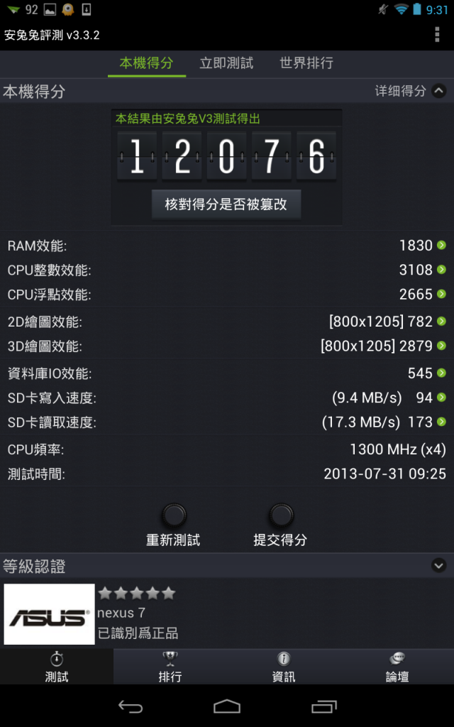 NEXUS 7 升級囉(2013/7/31)  (升級前後安兔兔評分，悲劇?)