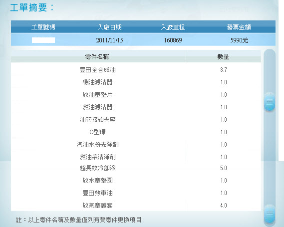 PRIUS保養工單&部分零件耗材價格
