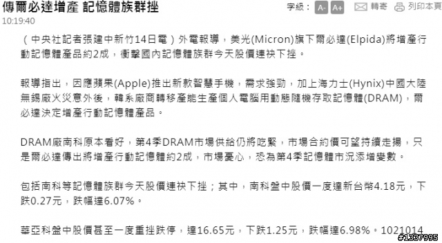 SK海力士大陸無錫廠部分復工 & 傳 爾必達增產 記憶體族群挫